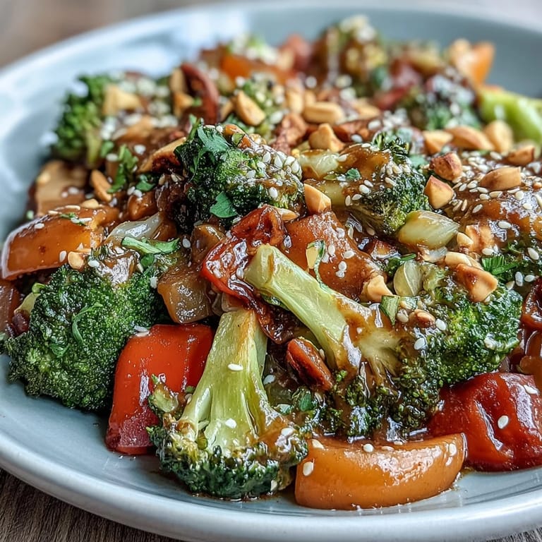 Knackige, frische Gemüsepfanne mit cremiger Erdnusssoße, bestreut mit gerösteten Erdnüssen und Sesam.