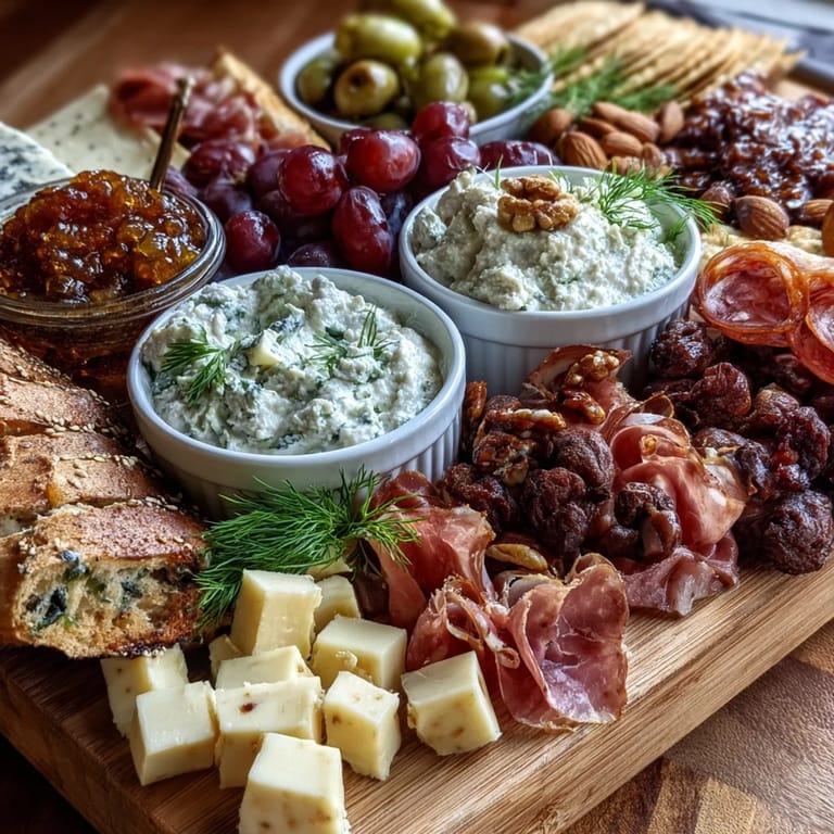 Einladendes Platter mit luftgetrocknetem Schinken, cremigem Käse und bunten Beilagen.