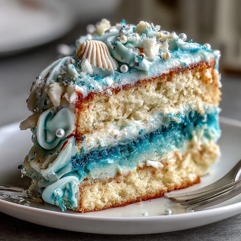 Feuchter Vanillekuchen mit blauem Ombre-Buttercreme-Frosting für Fische-Geburtstage.