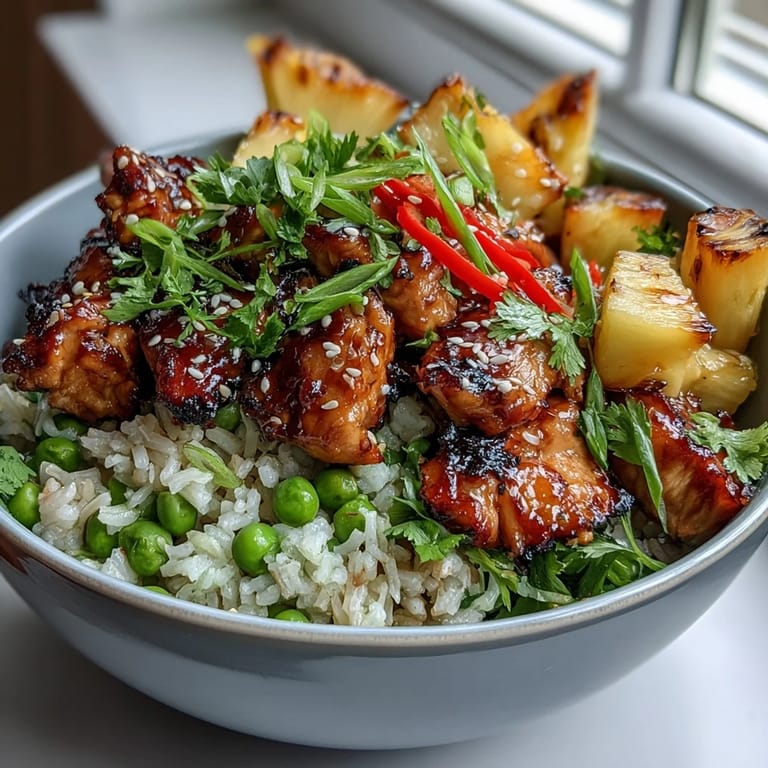 2. Herzhaftes Ananas-Teriyaki-Hähnchen auf lockerem Reis, garniert mit roter Paprika, Zuckerschoten und gerösteten Sesamkörnern.