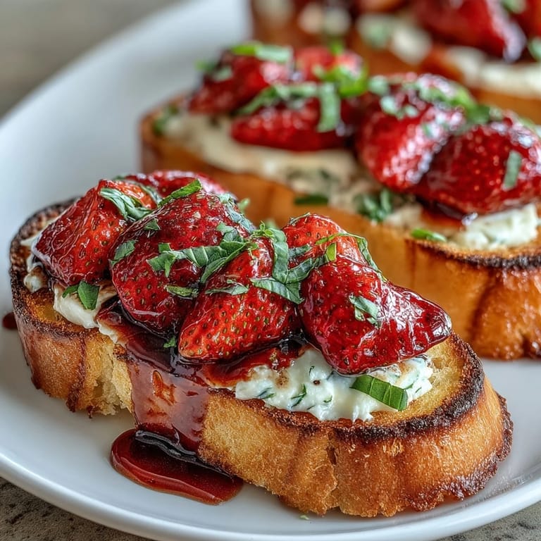 2. Süße Erdbeeren mit Basilikum, Honig und Balsamico auf geröstetem Baguette – ein aromatischer, vegetarischer Snack.