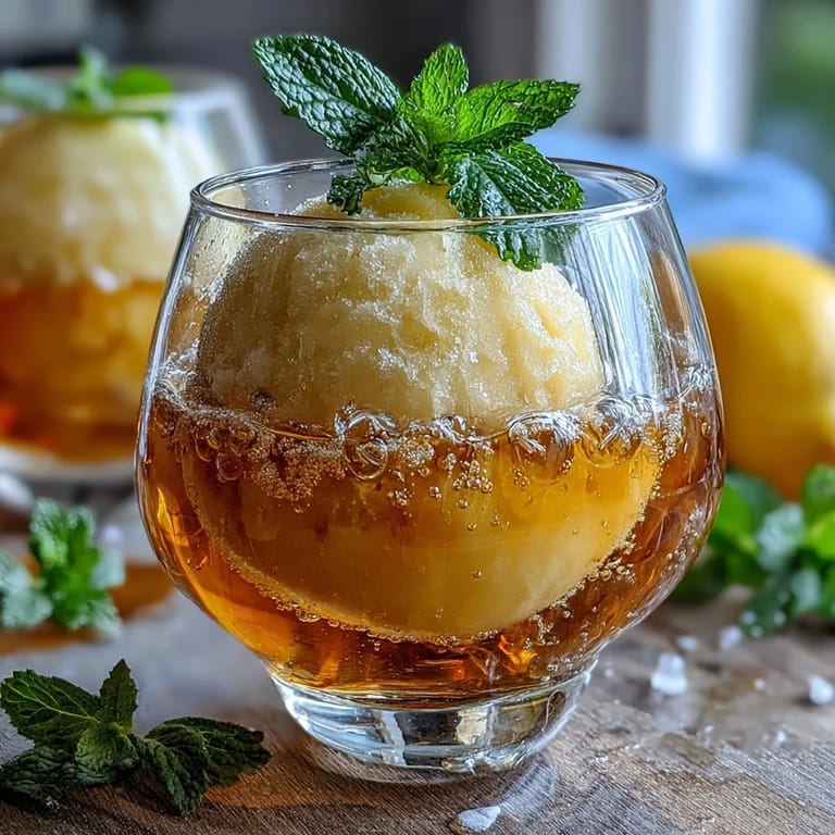 Lebendiger Limoncello-Sorbet-Float mit funkelndem Wasser, garniert mit frischer Minze und Zitronenscheiben.