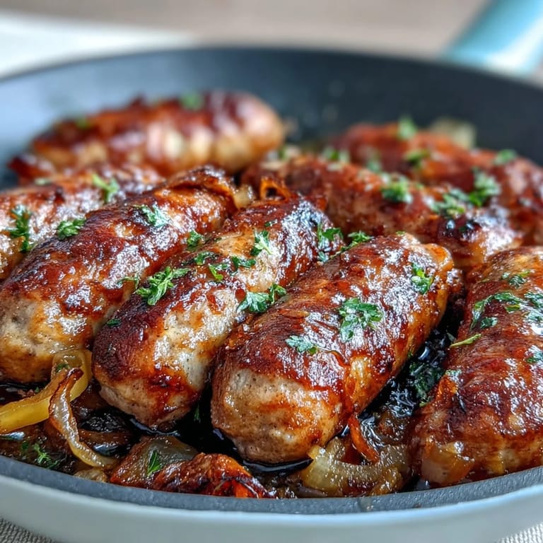 Farbenfrohe Paprika und Würstchen auf einem Blech, mit Kräutern gewürzt und im Ofen perfekt gebräunt.