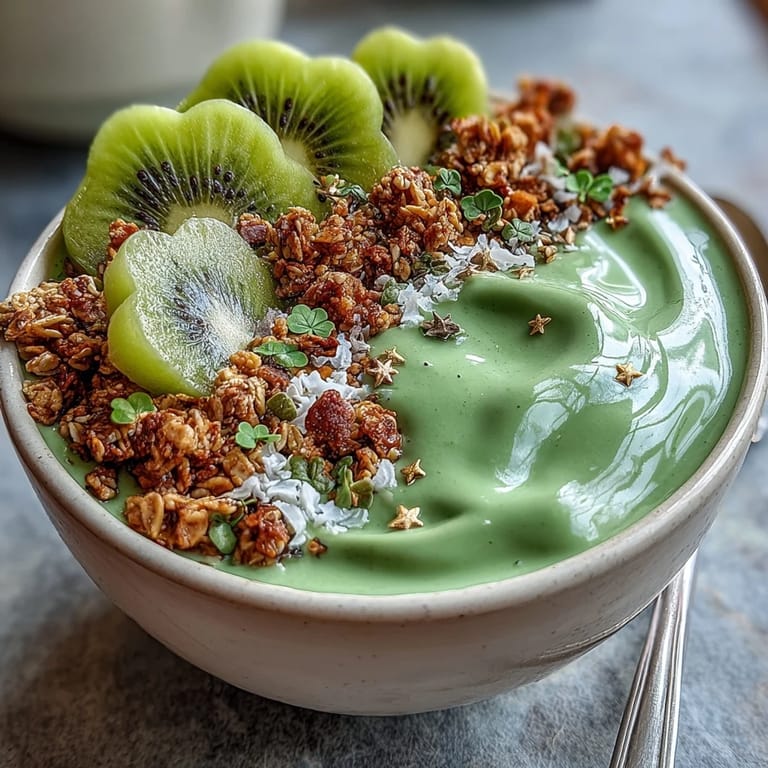 1. Ein cremiger grüner Smoothie-Bowl mit Spinat, Avocado und Proteinpulver, dekoriert mit Kiwi-Scheiben in Kleeblatt-Form für St. Patrick's Day.