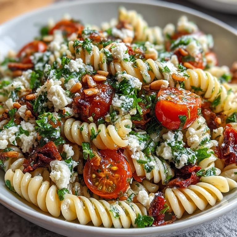 Bunter Nudelsalat mit Zitronenvinaigrette, Gurken und Kirschtomaten – perfekt für leichte Mittagsmahlzeiten.
