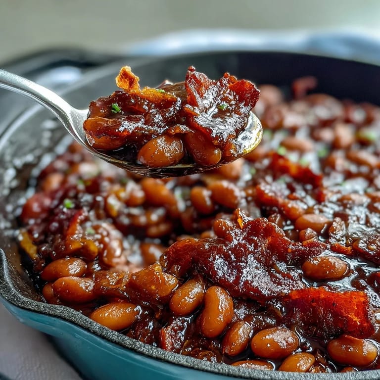 3. Tiefe Auflaufform gefüllt mit Summer BBQ Baked Beans, mit goldbraunem Speck und karamellisiertem Rand.