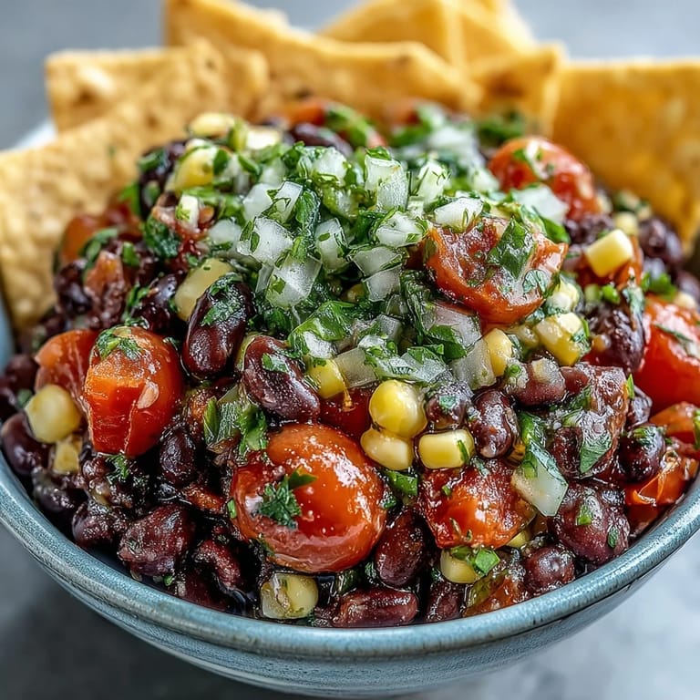 Schneller Cowboy-Caviar-Dip mit schwarzen Bohnen und Mais, ein farbenfroher veganer Snack.
