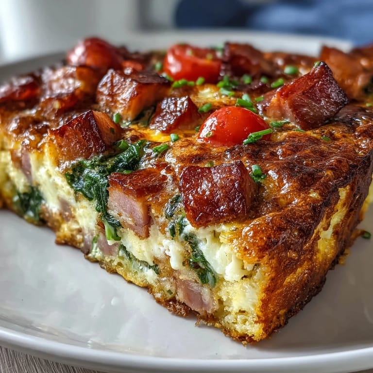 Saftige One-Pan Ham and Swiss Frittata mit würzigem Schinken und zarter Spinat-Füllung.