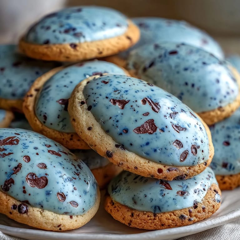 Knusprige, buttrige Zuckerkekse in zartem Blau mit charmanten Schokoladenspeckeln.