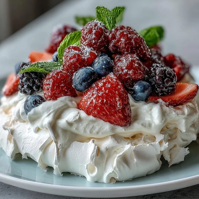 3. Knusprige Pavlova-Meringue, ummantelt von einer Wolke aus cremiger Sahne und einem Farbtupfer aus frischen Beeren.