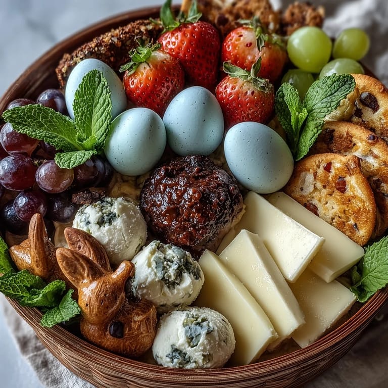 Bunter Snack-Teller im Ostermotiv: Mozzarella, Schinken, Beeren und Kekse kunstvoll arrangiert.