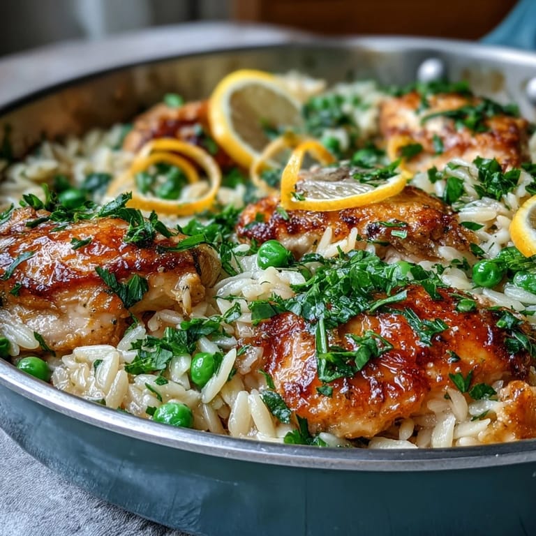 Ein Topf Zitronen-Orzo mit Hähnchen und Erbsen - cremiges Orzo mit zitronigem Hähnchen und süßen Erbsen in einem Topf gekocht.