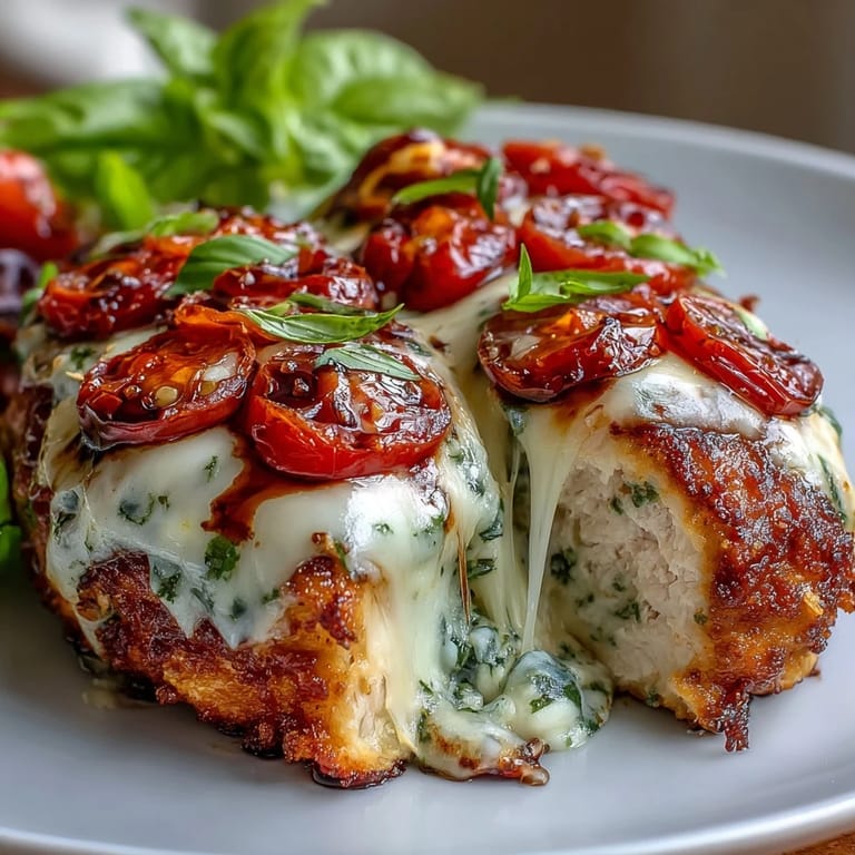 Herzhafte Caprese-Hähnchenbrust, überbacken mit geschmolzenem Käse und frischen Kräutern.