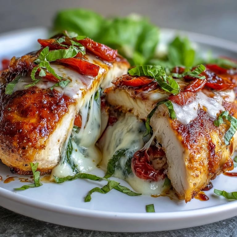 Gegrillte Caprese-Hähnchenbrust mit Balsamico-Glasur, ideal für laue Sommerabende.