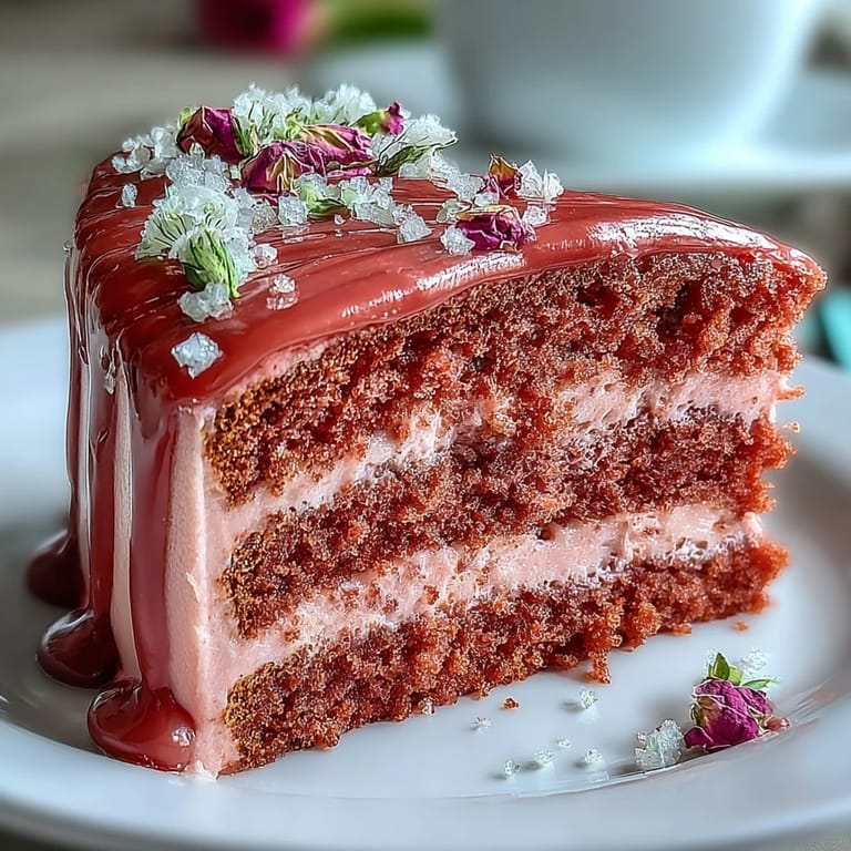 Luxuriöser rosa Samtkuchen mit Rosé-Nuancen und schimmerndem Goldtropfen.