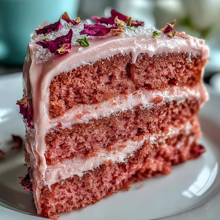 Festlicher Bridal Shower Rosé Velvet Cake mit glänzenden Goldakzenten serviert.