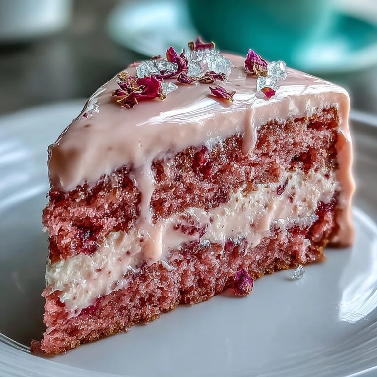 Zarter Rosé Velvet Cake mit cremigem Frosting und glänzendem Goldschimmer.