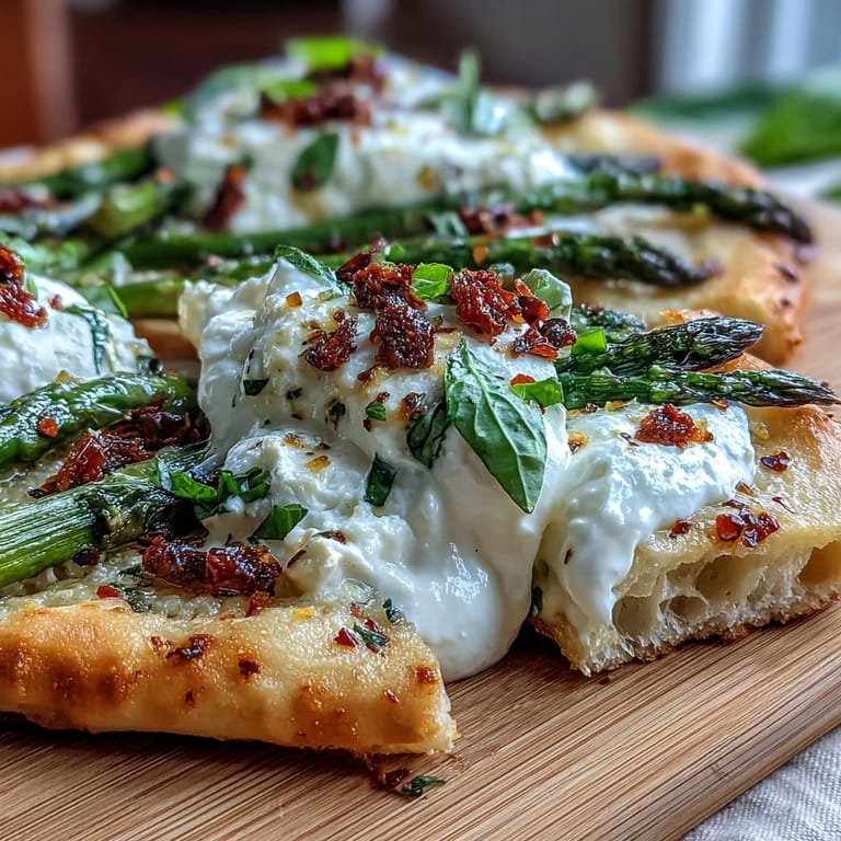 Einzigartiges Fladenbrot mit geröstetem Spargel, Burrata und frischer Zitrone.
