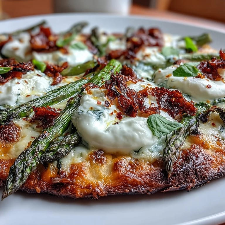 Genießen Sie unser Spargel-Fladenbrot mit Burrata-Käse und einem Hauch Zitrone.