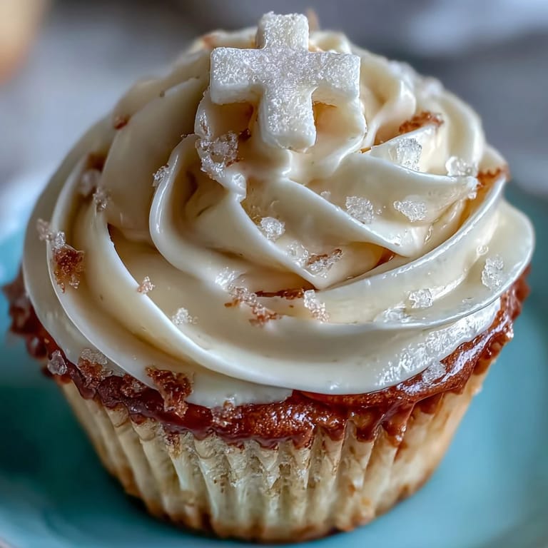 Fein gebackene Communion Cupcakes, üppig mit Buttercreme und strahlenden Fondantkreuzen dekoriert.