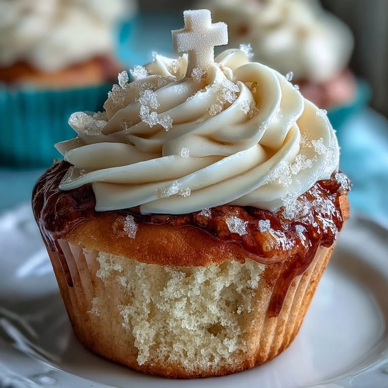 Genießen Sie diese Communion Cupcakes: weiche Vanille-Kuchen mit süßer Creme und handgemachtem Kreuz.