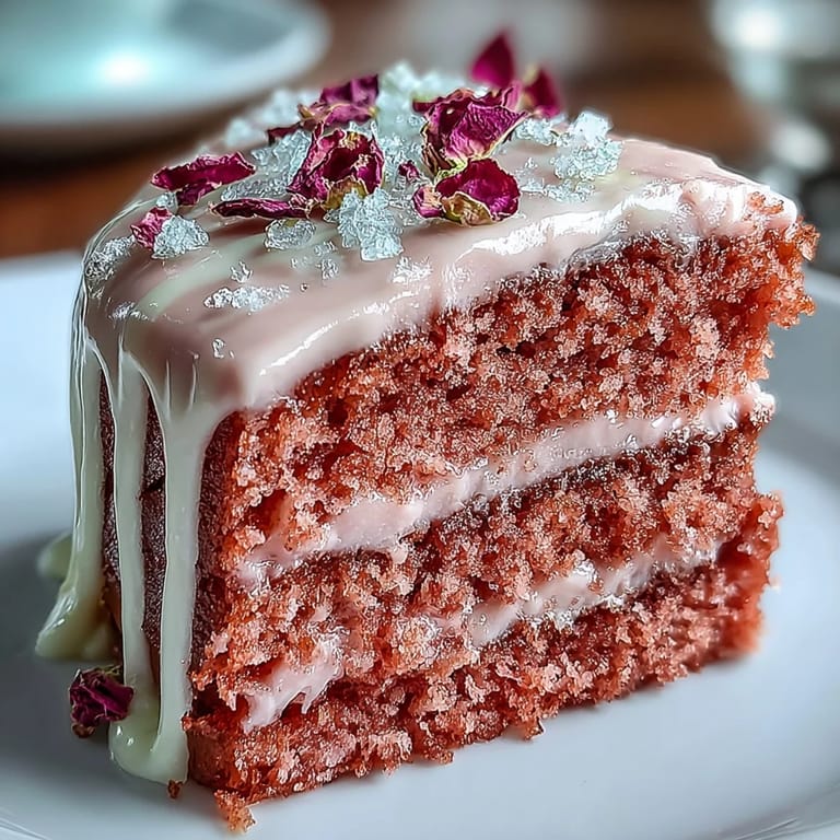 Festlicher Rosé Velvet Cake mit goldener Glasur, köstlich dekoriert.