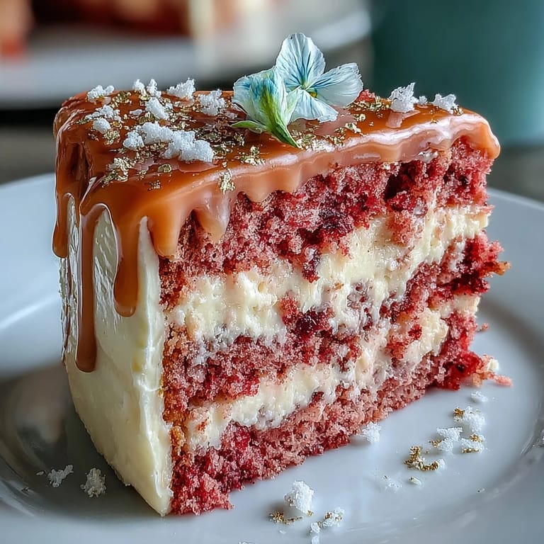 Decadent rosé velvet cake, frosted and adorned with luxury gold drip.