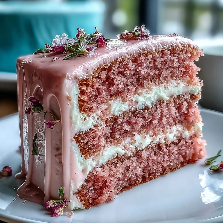 Ein atemberaubender Rosé Velvet Cake, dekoriert mit anmutigem goldenem Schokoladendrip.