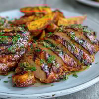 Gegrillte Honey Mustard Grilled Chicken mit Ofen-Süßkartoffel-Wedges auf einem Holzbrett, goldbraun gebraten und würzig duftend.