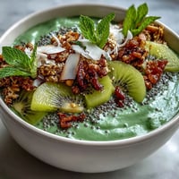Ein leuchtend grüner Smoothie-Bowl mit tropischen Früchten, belegt mit cremigem Mangochia-Samen-Topping und frischem Kiwi.