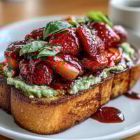 Ein lebendiges Avocado-Toast mit frischen Erdbeeren und einem fruchtig-süßen Balsamico-Glasur-Drizzle, perfekt für ein festliches Brunch mit Freunden.