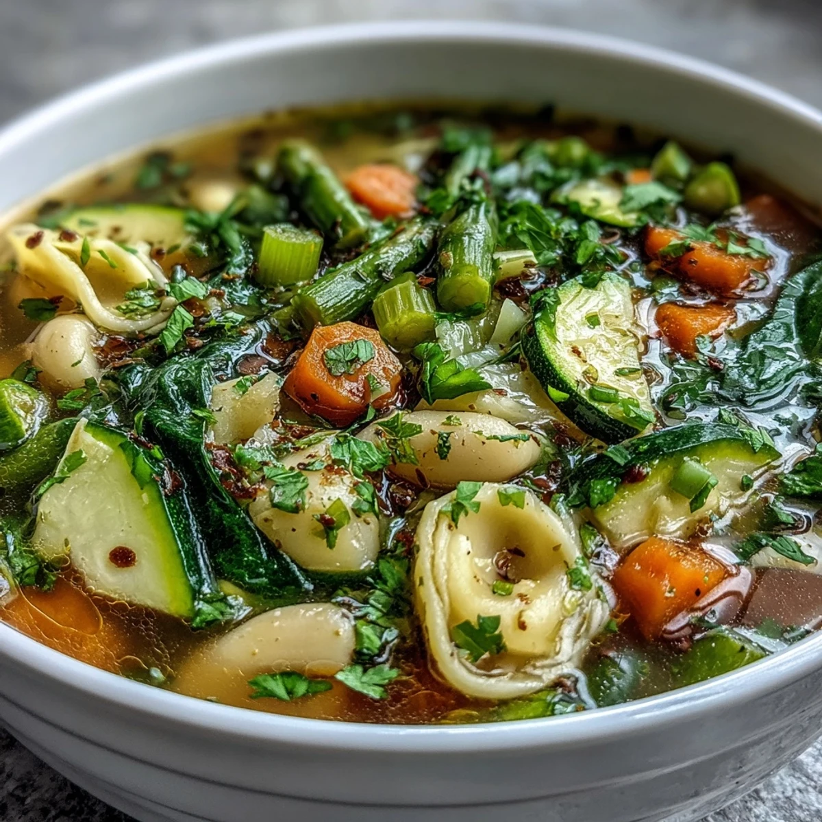 Bunter Frühlings-Minestrone mit weißen Bohnen und Spargel, vollgepackt mit frischem Gemüse und aromatischen Kräutern.