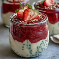 1. Strawberry Matcha Layered Chia Pudding Jars mit cremiger Chia-Basis, süßer Erdbeerpüree-Schicht und zarter Matcha-Joghurt-Decke.