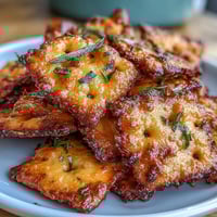 Knusprige, käsige Cracker mit einem Hauch von Sauerteig und Jalapeño-Schärfe, bestäubt mit geräuchertem Paprika. Perfekt zum Naschen oder für Gäste.
