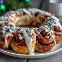 Festlicher King Cake-Zimtschnecken-Kranz mit goldener Glasur und bunten Streuseln, serviert auf einer festlichen Platte.