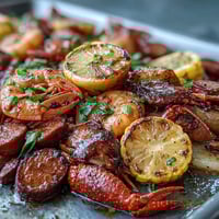 Ein leuchtendes Blech mit saftigen Krebsen, knuspriger Wurst und geröstetem Gemüse, gewürzt mit Cajun-Gewürz.