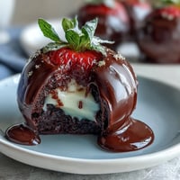 Luxuriöse Dubai Chocolate Strawberry Bombs mit cremiger Füllung: frische Erdbeeren in reichem Schokoladenmantel, gefüllt mit seidiger Sahne.