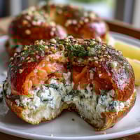 Ein farbenfroher Brunch-Teller mit geräuchertem Lachs, Bagels, frischen Garnierungen und cremigem Frischkäse – perfekt für den Frühling.