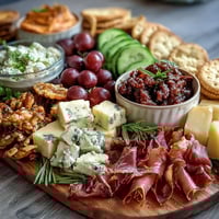 Hier sind drei einzigartige, SEO-optimierte ALT-Texte für das Bild des Charcuterie Boards: