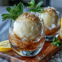 Kühl erfrischender Limoncello-Sorbet-Float mit prickelndem Wasser, dekoriert mit Zitronenzesten und Minze.