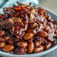 1. Schüssel mit Summer BBQ Baked Beans mit braunem Zucker und knusprigem Speck, perfekt für jeden Sommer-Grillabend.  