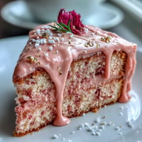 Zartrosa Rosé Velvet Cake mit metallischem Goldglanz, servierfertig.
