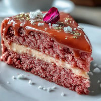 Elegant pink rosé velvet cake with a glistening gold drip.